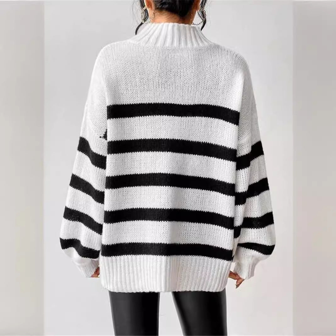 Dames gros tricot pull avec des rayures à la mode et un grand col Chic und Stil