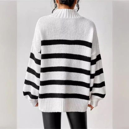 Dames gros tricot pull avec des rayures à la mode et un grand col Chic und Stil