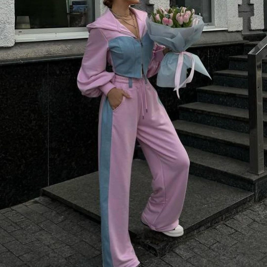 Ladies Two-Piece Sports Set with Crop Top and Loose Pants Chic and Style