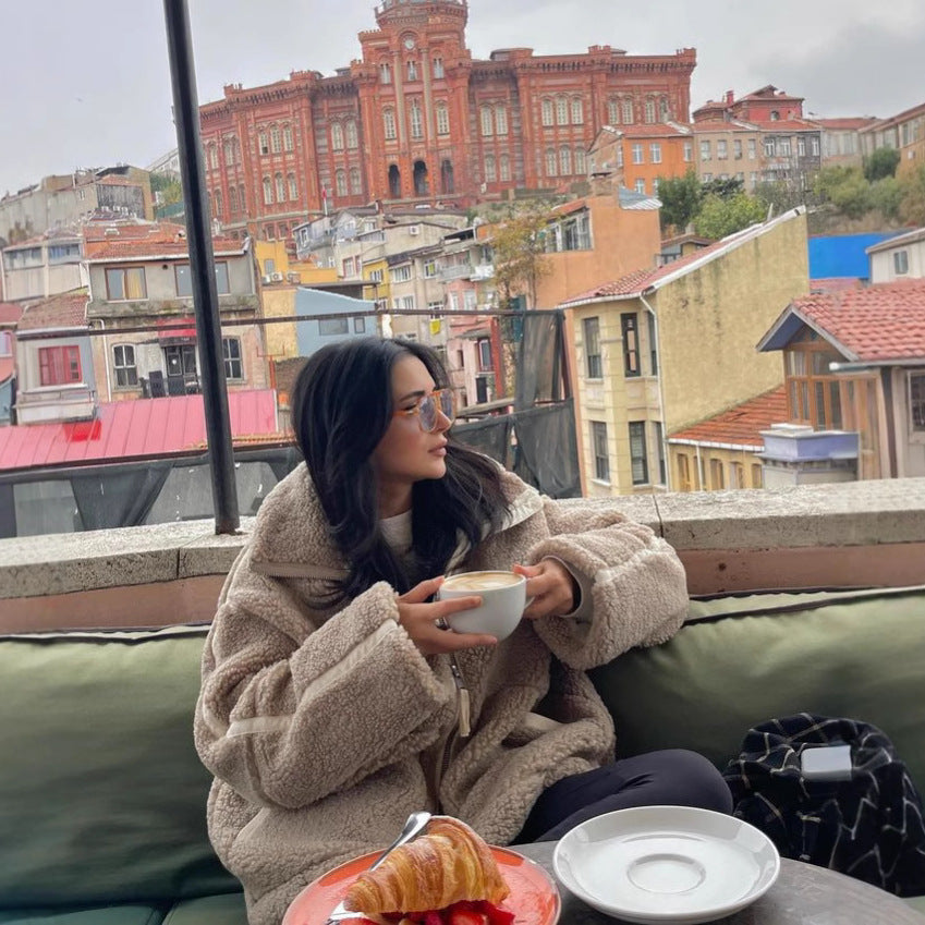 Women's comfortable plush jacket with high collar, chic and stylish