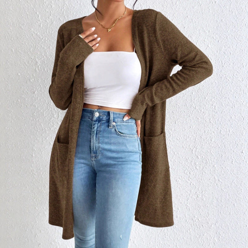 Ladies Long Knitted Cardigan with Practical Pockets Chic and Style