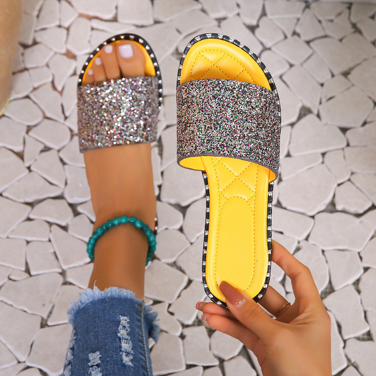 Sandales glissantes en strass glamour pour femmes Chic und Stil