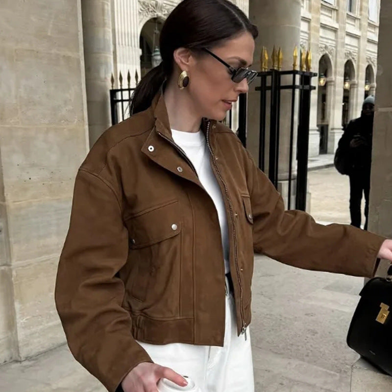 Dames Élégante Veste en Cuir Synthétique avec Col Montant Moderne Chic und Stil