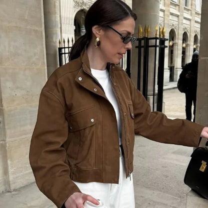 Dames Élégante Veste en Cuir Synthétique avec Col Montant Moderne Chic und Stil
