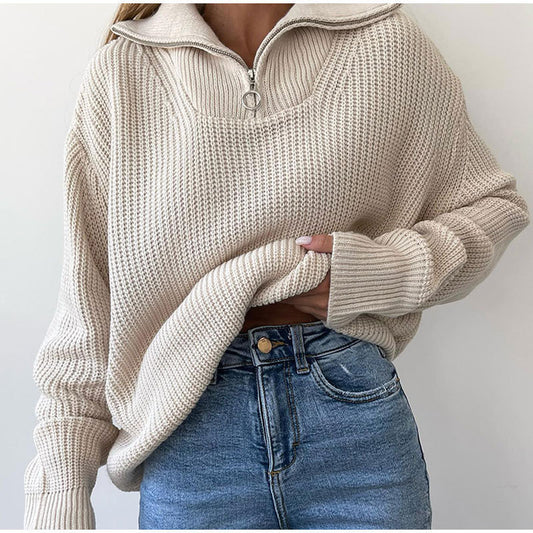 Femmes Pull de haute qualité avec col moderne et fermeture éclair Chic und Stil
