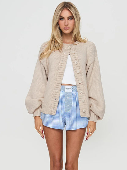 Dames confortable cardigan en tricot avec des détails de bouton décoratifs et des manches volumineuses Chic und Stil