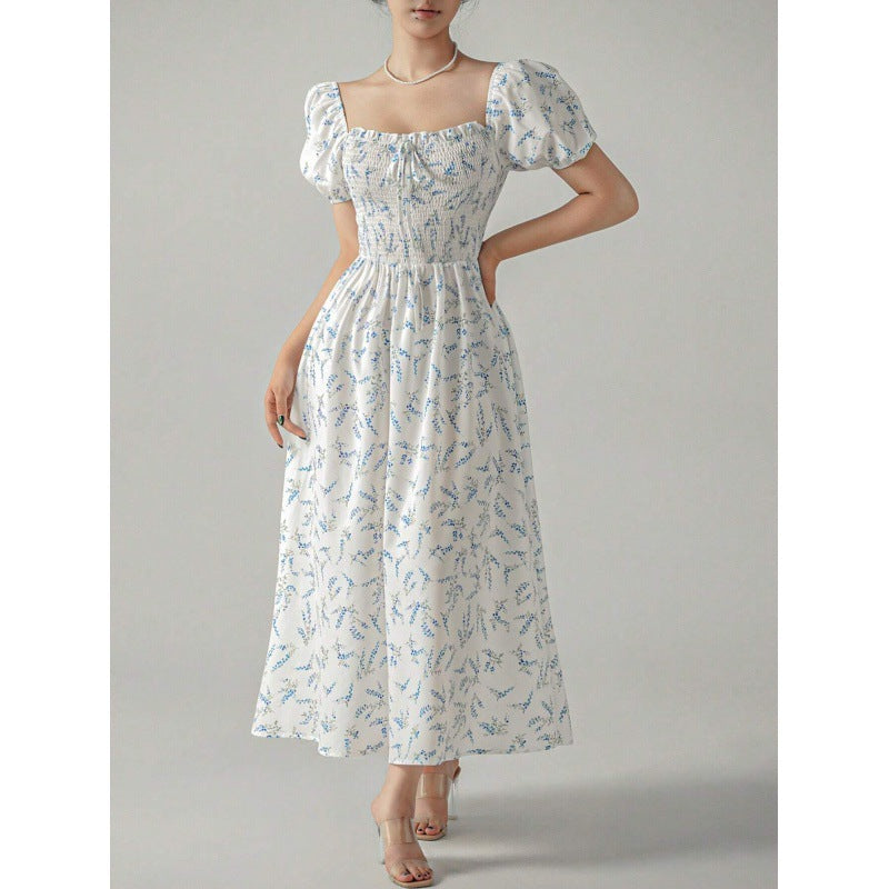 Dames Fleurs Manches Puff Maxi Robe Chic und Stil
