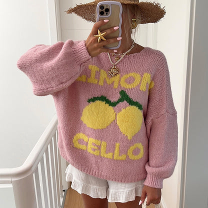 Cardigan à mailles épaisses pour femmes avec un motif de citron unique et une fermeture à boutons Chic und Stil
