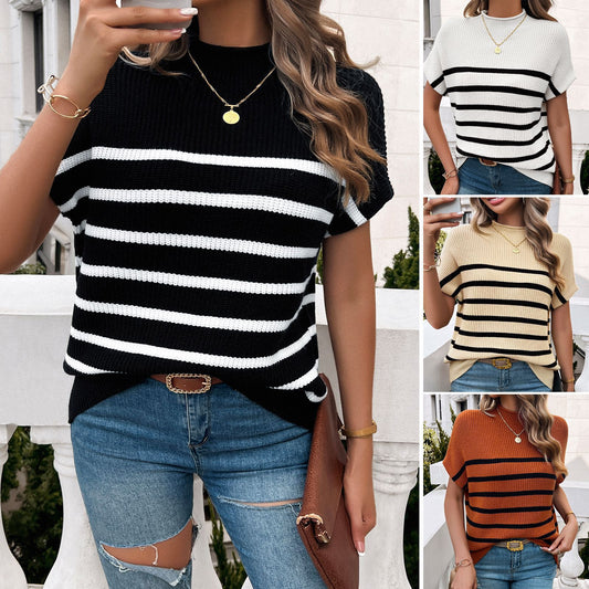 Women's striped knit top with mid-high collar and loose fit Chic und Stil