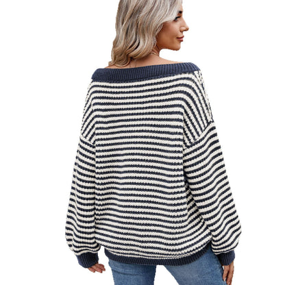 Ladies' round neck knitted sweater with off-the-shoulder design and striped pattern Chic und Stil