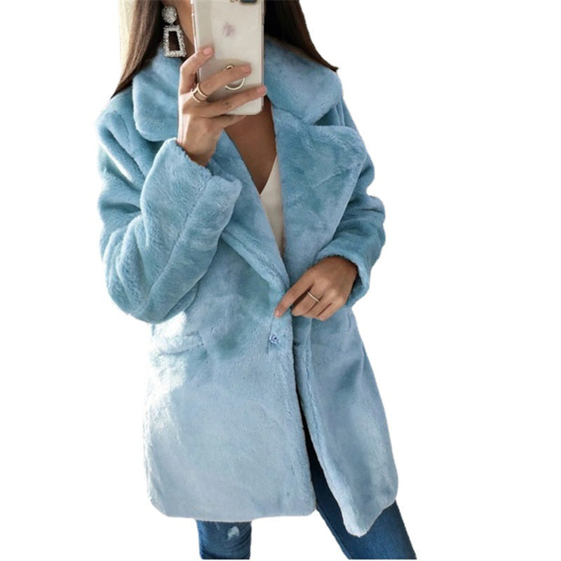 Dames Élégant Veste en fourrure artistique avec poches appliquées et grand revers Chic und Stil