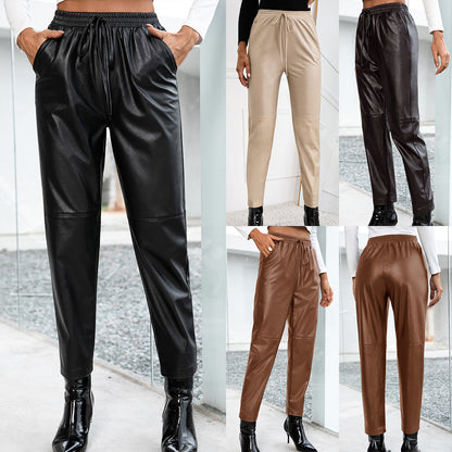 Fashionable synthetic leather pants for women with elastic waistband and side pockets Chic and Style