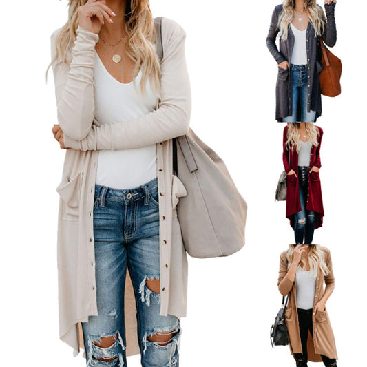 Dames Long Pull Cardigan avec Boutons et Poches Chic und Stil