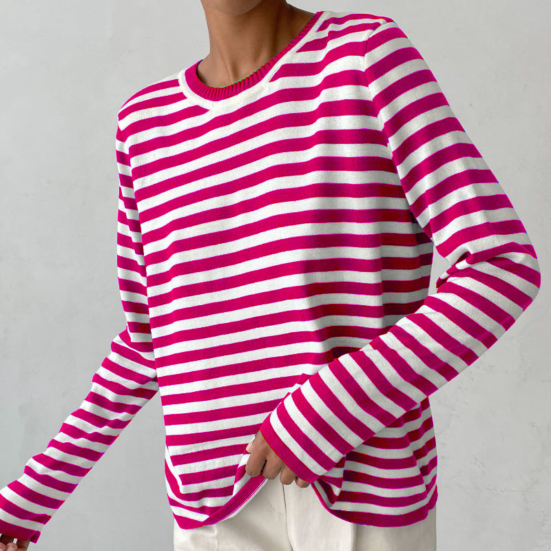 Femme pull à manches longues rayé avec col rond et coupe large Chic und Stil