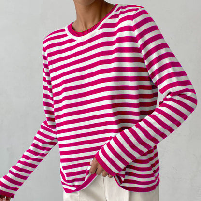 Femme pull à manches longues rayé avec col rond et coupe large Chic und Stil