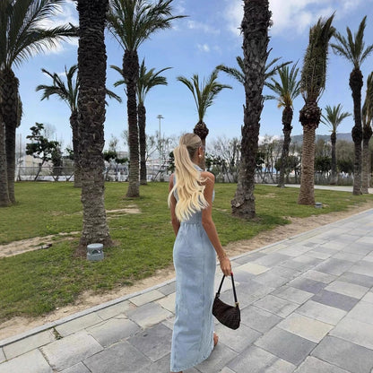 Robe maxi en jean pour femmes avec patte de boutonnage et col haut Chic und Stil