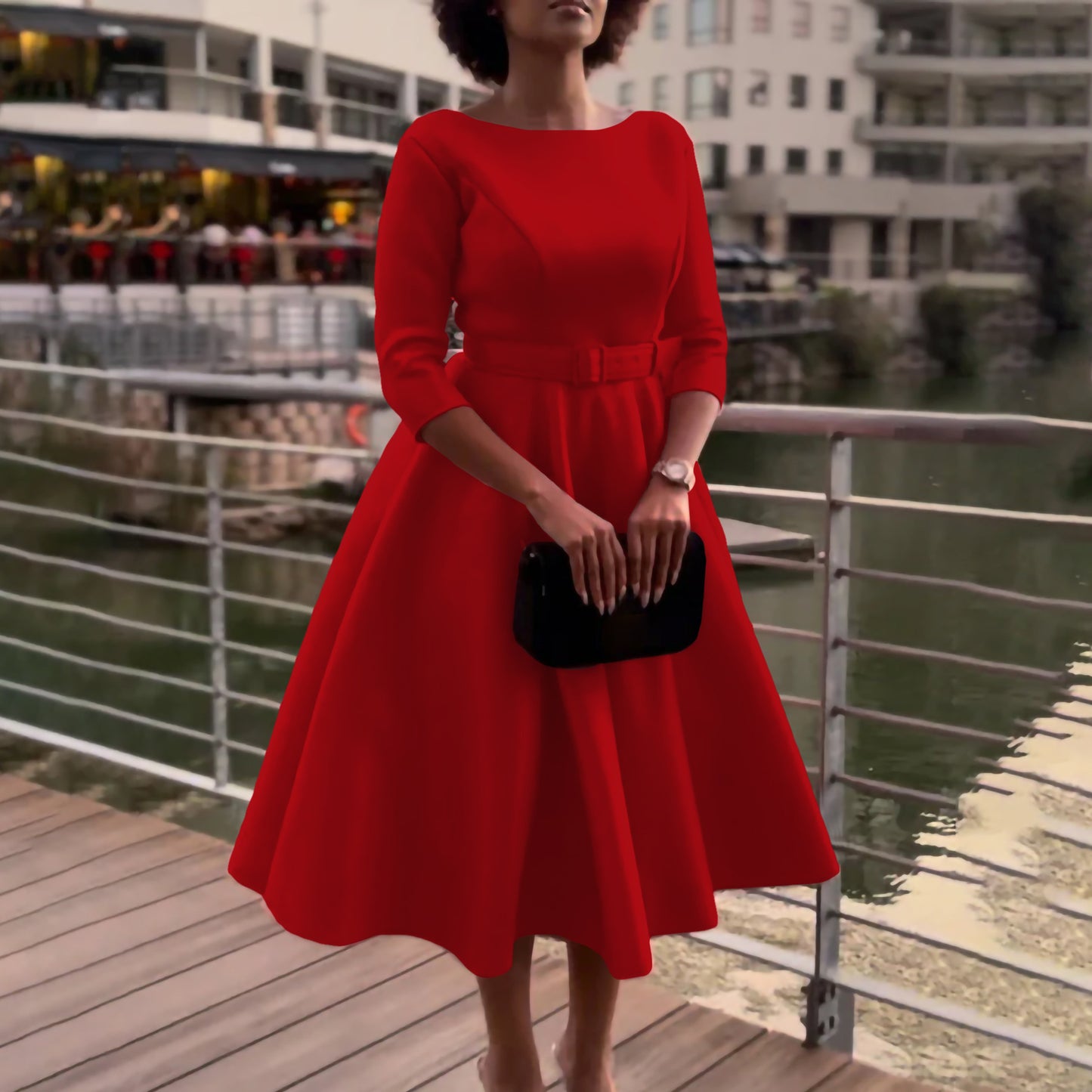 Robe élégante A-ligne pour femmes avec ceinture et manches ¾ Chic und Stil
