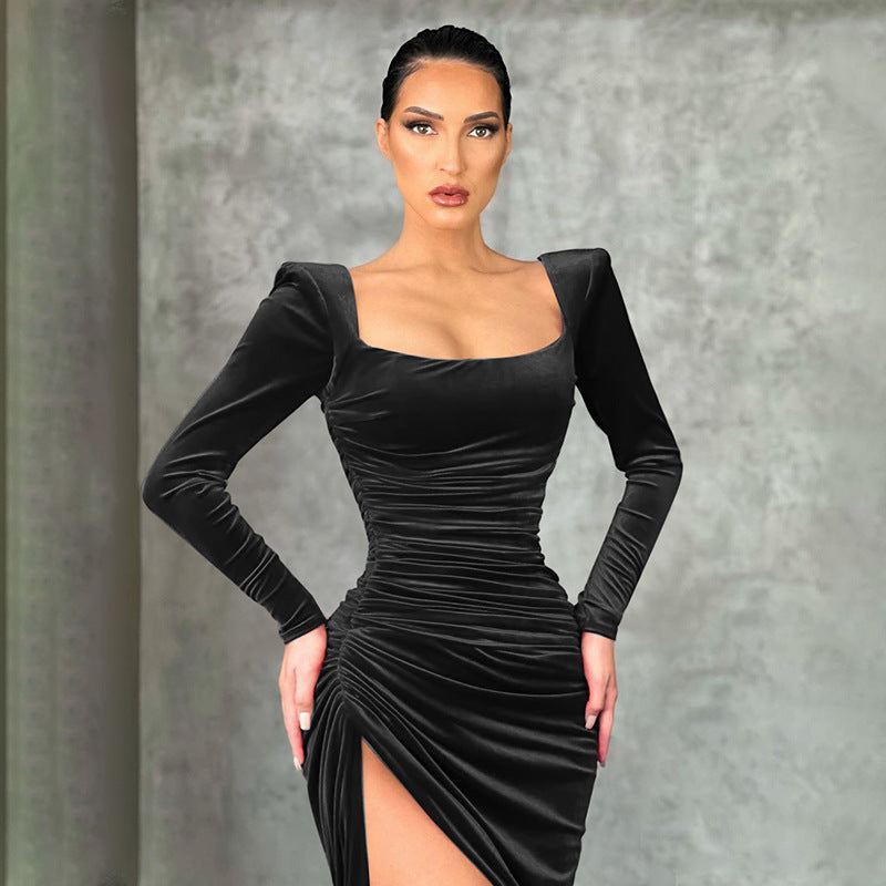 Robe stretch raffinée pour femmes avec fente asymétrique et longues manches Chic und Stil