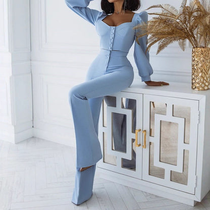 Women Elegant set with fitted top and wide leg pants Chic and Style
