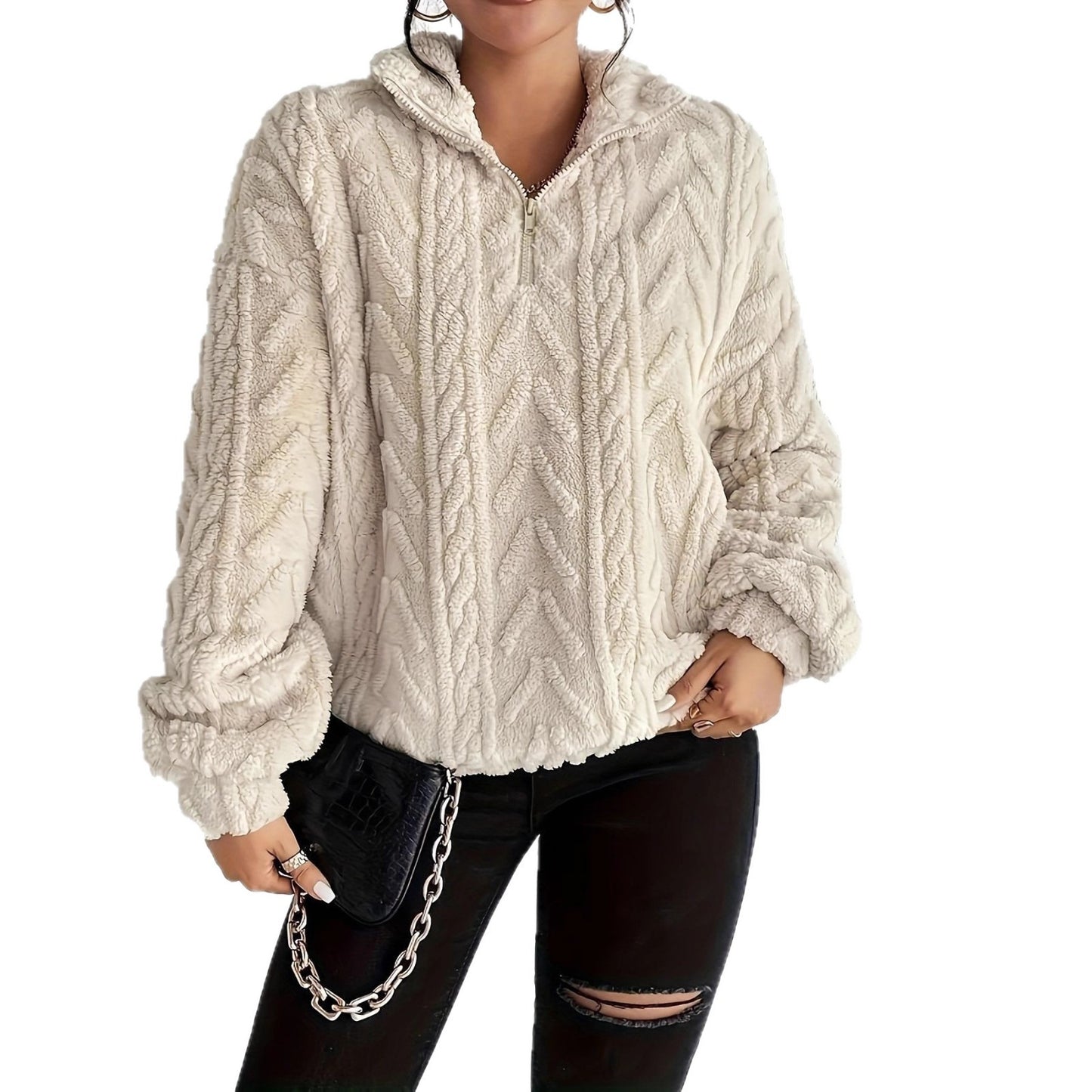 Dames Pull en molleton douillet avec col haut et détail zip Chic und Stil
