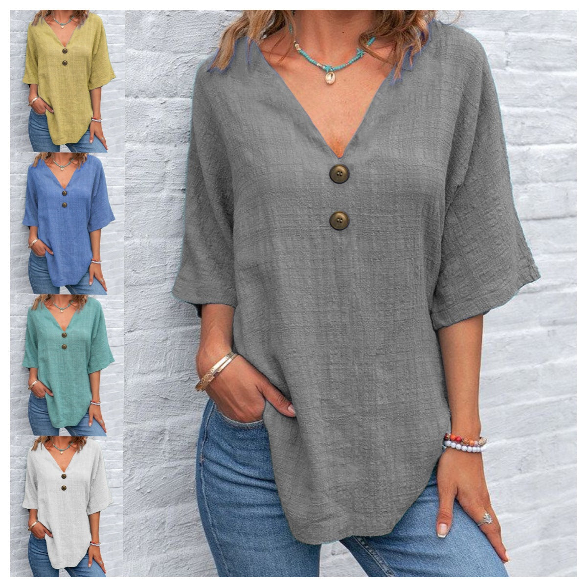 Blouse dames à col en V avec boutons décoratifs et coupe décontractée Chic und Stil