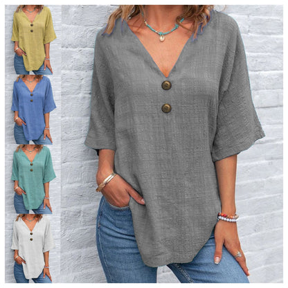 Blouse dames à col en V avec boutons décoratifs et coupe décontractée Chic und Stil