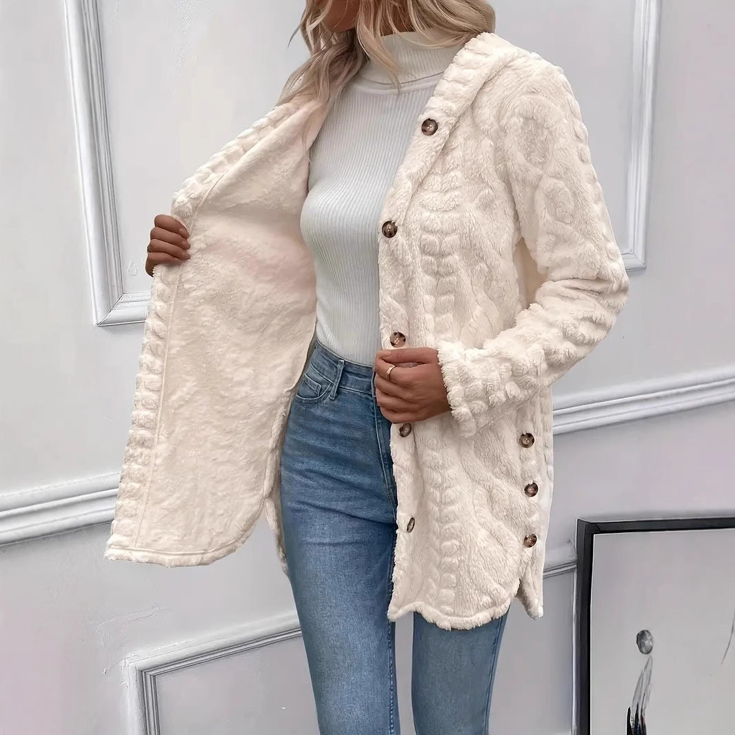 Fuzzy jacket for ladies with hood and button closure Chic und Stil
