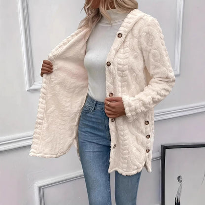 Fuzzy jacket for ladies with hood and button closure Chic und Stil