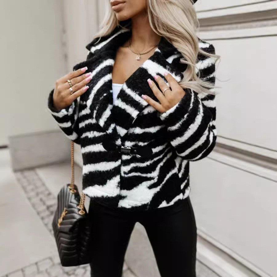 Dames Élégante Veste en Laine Imprimé Animaux Chic und Stil