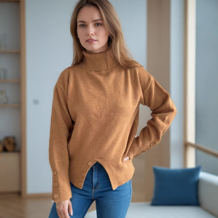 Pull col roulé tendance pour femmes avec détails de boutons et ourlet asymétrique Chic und Stil