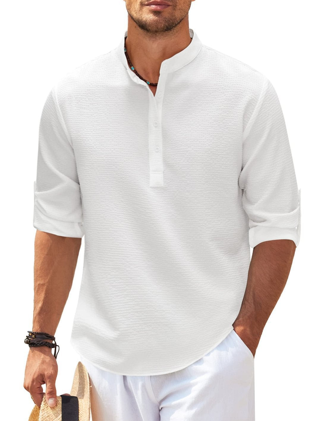 Chemise décontractée à manches longues pour homme avec col montant et structure côtelée Chic und Stil
