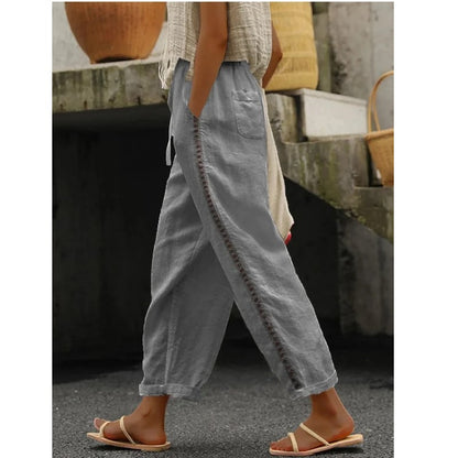 Ladies Lightweight Linen Pants with Side Button Detail Chic and Style