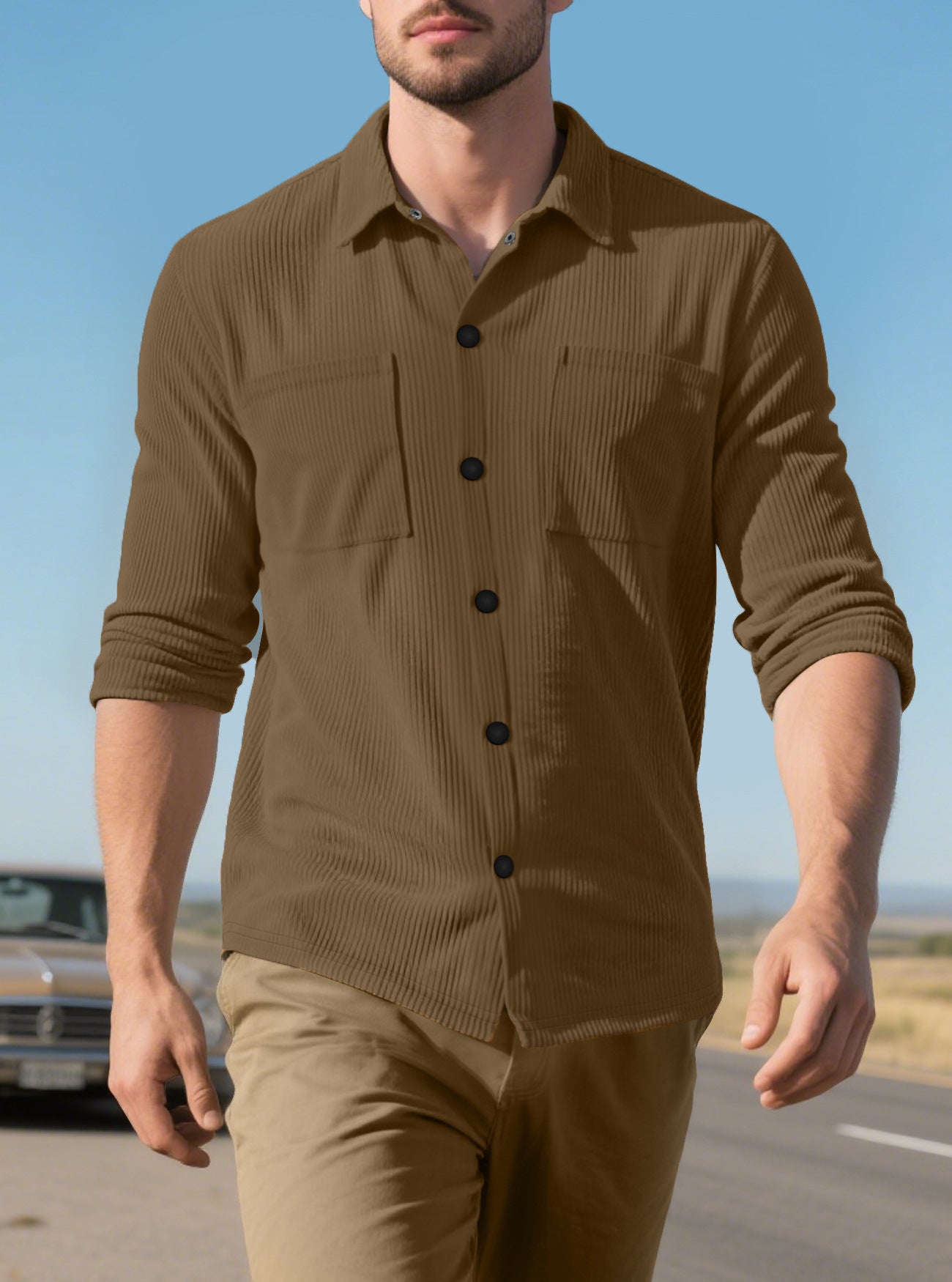 Chemise à manches longues pour hommes avec motif en corduroy texturé et poches poitrines pratiques Chic und Stil