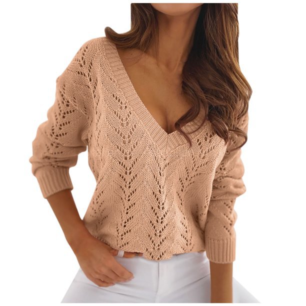 Pull en tricot à col en V pour femmes avec motif en torsades romantique Chic und Stil