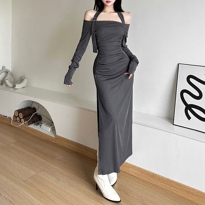 Dames Élégant Maxi Robe avec Design d'Épaule Asymétrique et Détails de Volant Raffinés Chic und Stil