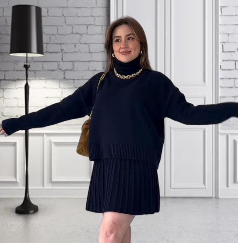 Dames pull en maille oversize avec une structure ribbed de haute qualité et une mini jupe assortie Chic und Stil