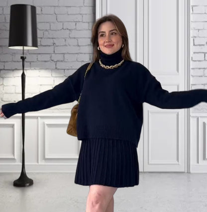 Dames pull en maille oversize avec une structure ribbed de haute qualité et une mini jupe assortie Chic und Stil