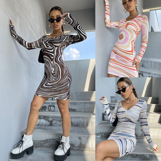 Women's Long Sleeve Abstract Print Mini Dress Chic and Style