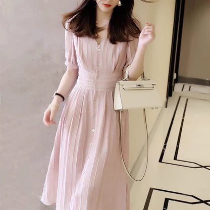Robe midi A-line à manches bouffantes avec boutons pour femmes Chic und Stil