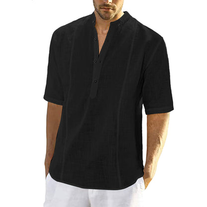 Chemise en lin à manches courtes pour hommes avec col montant et patte de boutonnage Chic und Stil