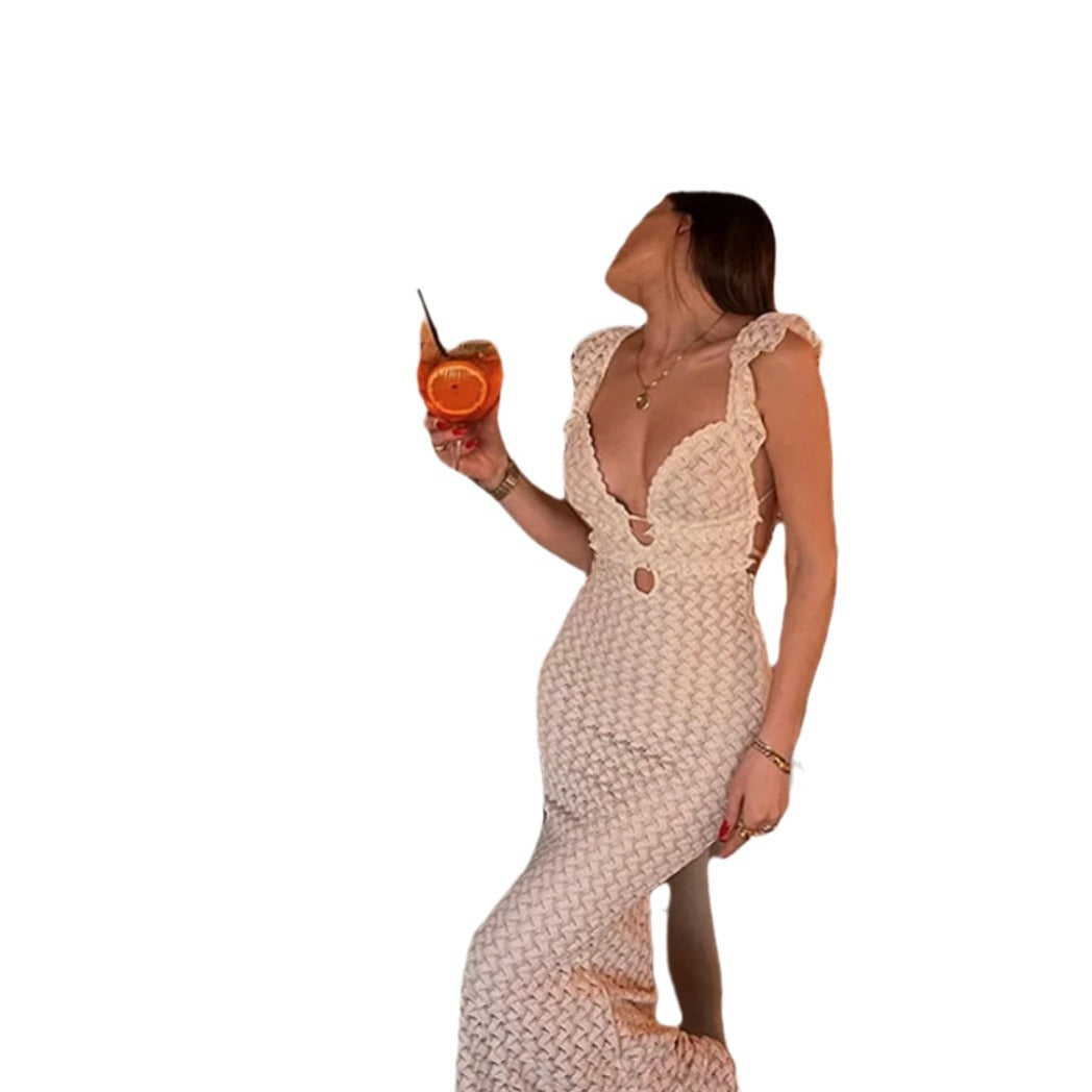 Robe maxi tricot pour dames avec décolleté en V profond et détails volants Chic und Stil
