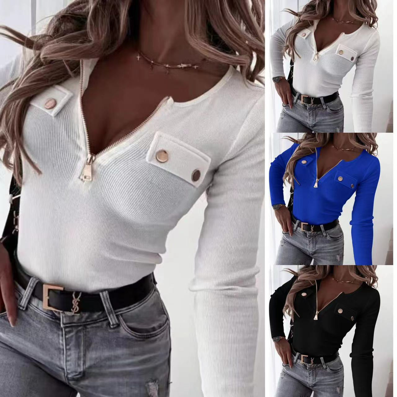 Dames Haut à fermeture éclair à manches longues avec poches décoratives Chic und Stil