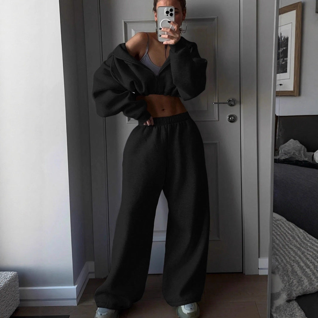 Femme ensemble en polaire décontracté avec pull court et pantalon large Chic und Stil