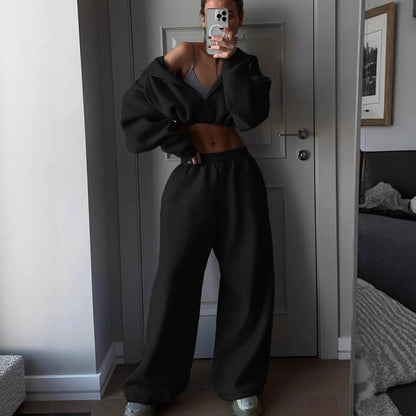 Femme ensemble en polaire décontracté avec pull court et pantalon large Chic und Stil