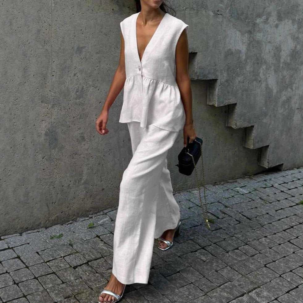 Dames Élégant Costume Pantalon en Lin Chic und Stil