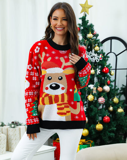 Pull en tricot de Noël pour femmes avec un design de renne festif et des motifs colorés détaillés Chic und Stil