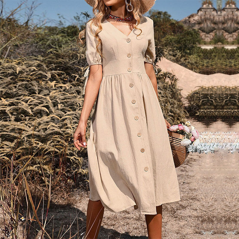 Robe midi A-ligne à boutons pour dames avec liens