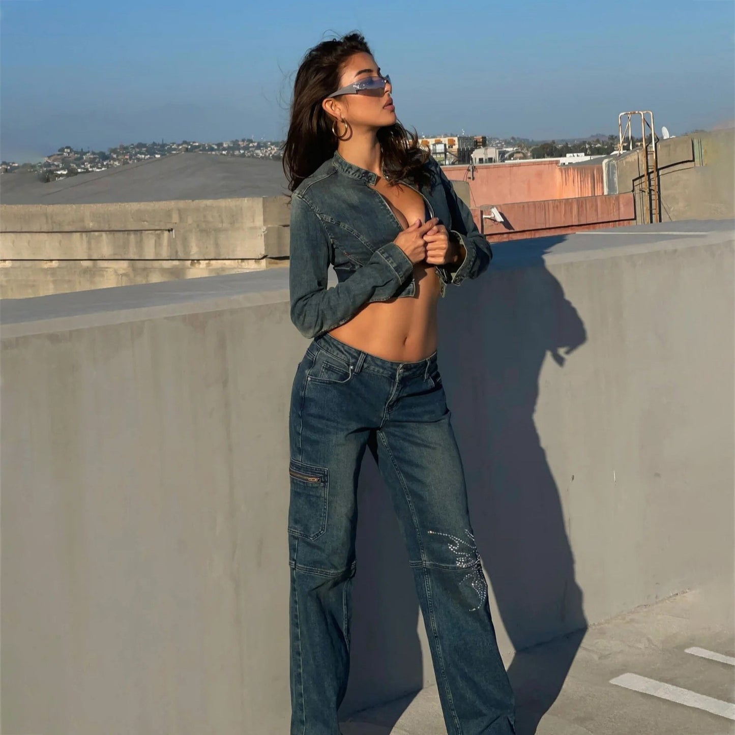 Women's denim pants with unique rhinestone applications Chic and Style