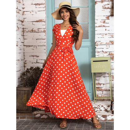 Robe maxi portefeuille à pois pour femmes avec taille nouée Chic und Stil
