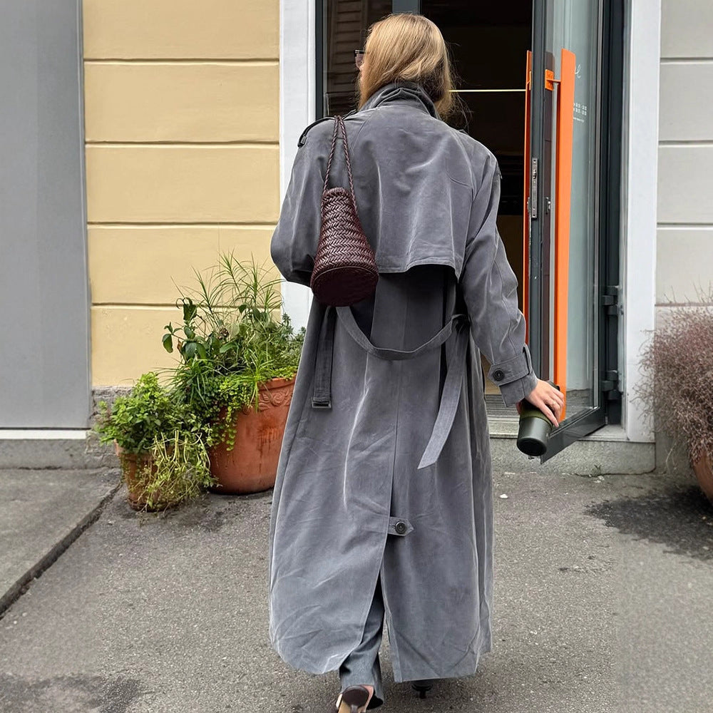 Dames élégant long trench-coat avec design texturé et large revers Chic und Stil